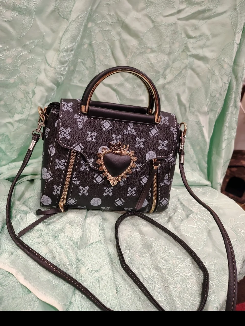 Black Heart Emblem Mini Satchel Handbag